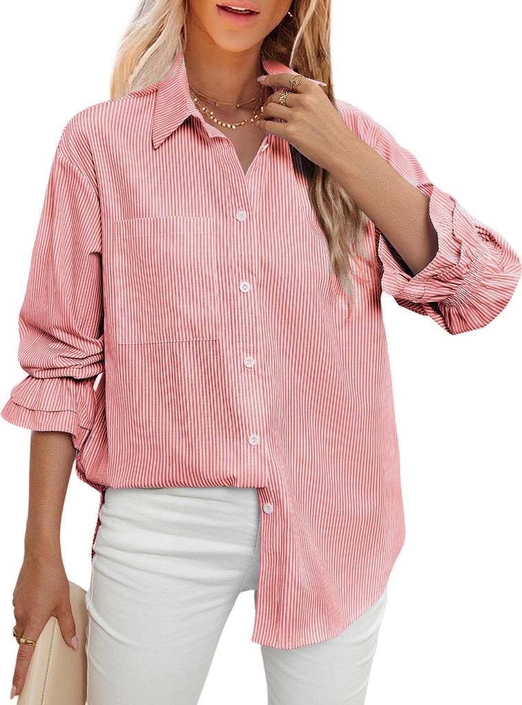 ASKSA Damen Bluse V Ausschnitt Langarm Knoepfen Elegant Hemdbluse Casual Hemden Gestreifte Brusttasche Oberteile (Rot,L)