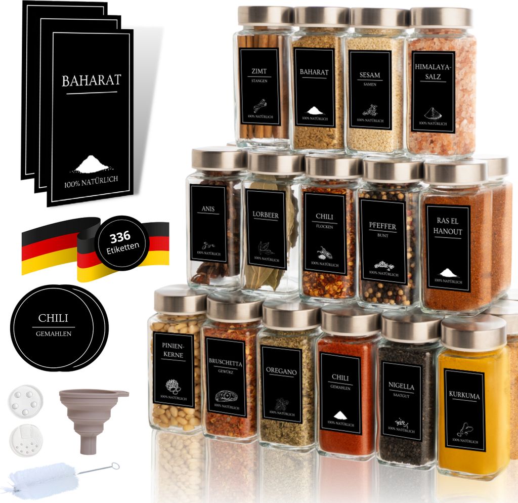 comforder Gewürzgläser Set (25 Stück), Gewürz Organizer mit Gewürzstreuer mit Etiketten + Trichter, Gewürzdosen eckig mit Edelstahldeckel, 12...