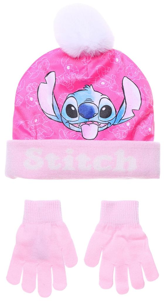 2-tlg. Winter Set: Disney Stitch Bommelmütze & Handschuhe 52 cm