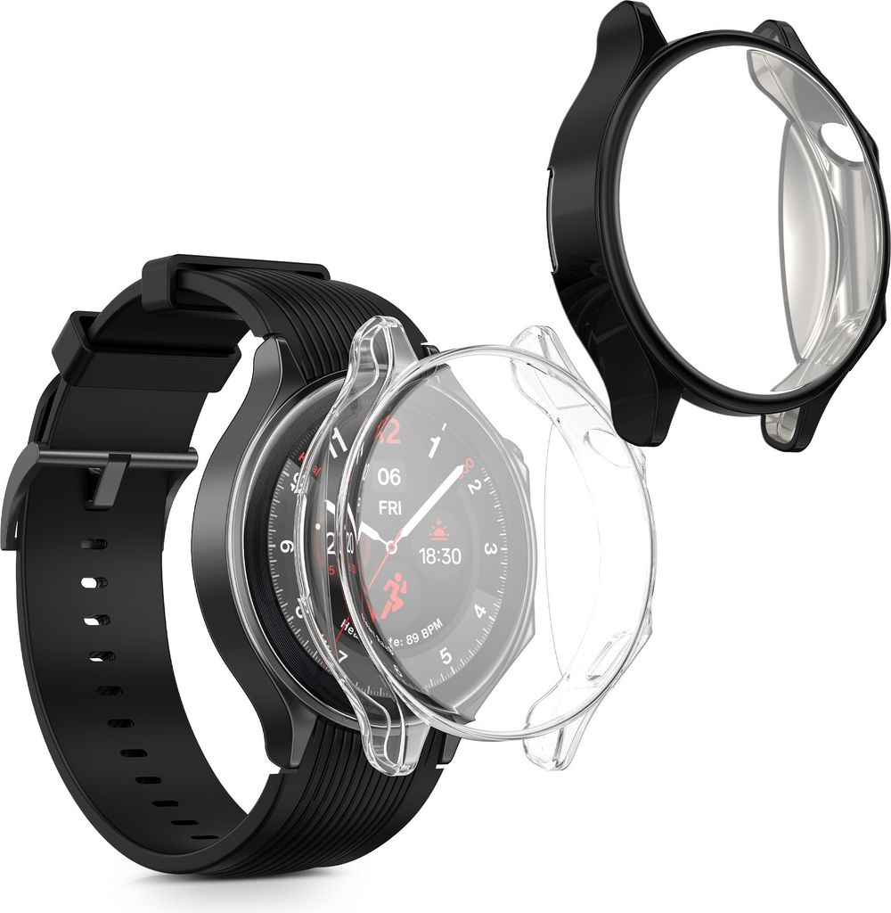 kwmobile 2x Silikon Hülle für OnePlus Watch 2 / OPPO Watch X Schutzhülle - Fullbody Display Cover Set aus Silikon - Transparent Schwarz