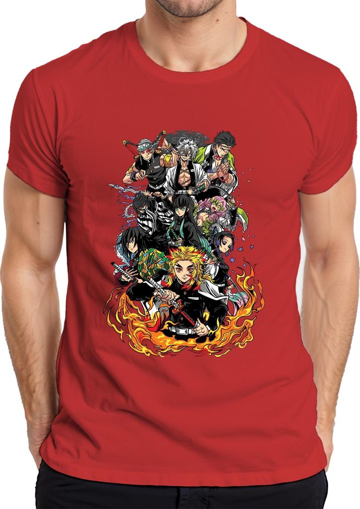 Demon Slayer Rengoku Tanjiro Nezuko Gruppe Feuer Anime Vintage Herren T-Shirt, Rot, XXL