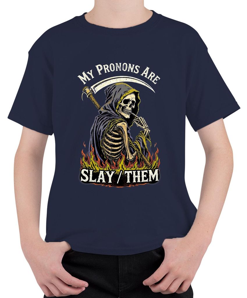 My Pronouns Are Slay Them Skelett Sensenmann Flamme düster Uni Kinder T-Shirt, Navy, 128
