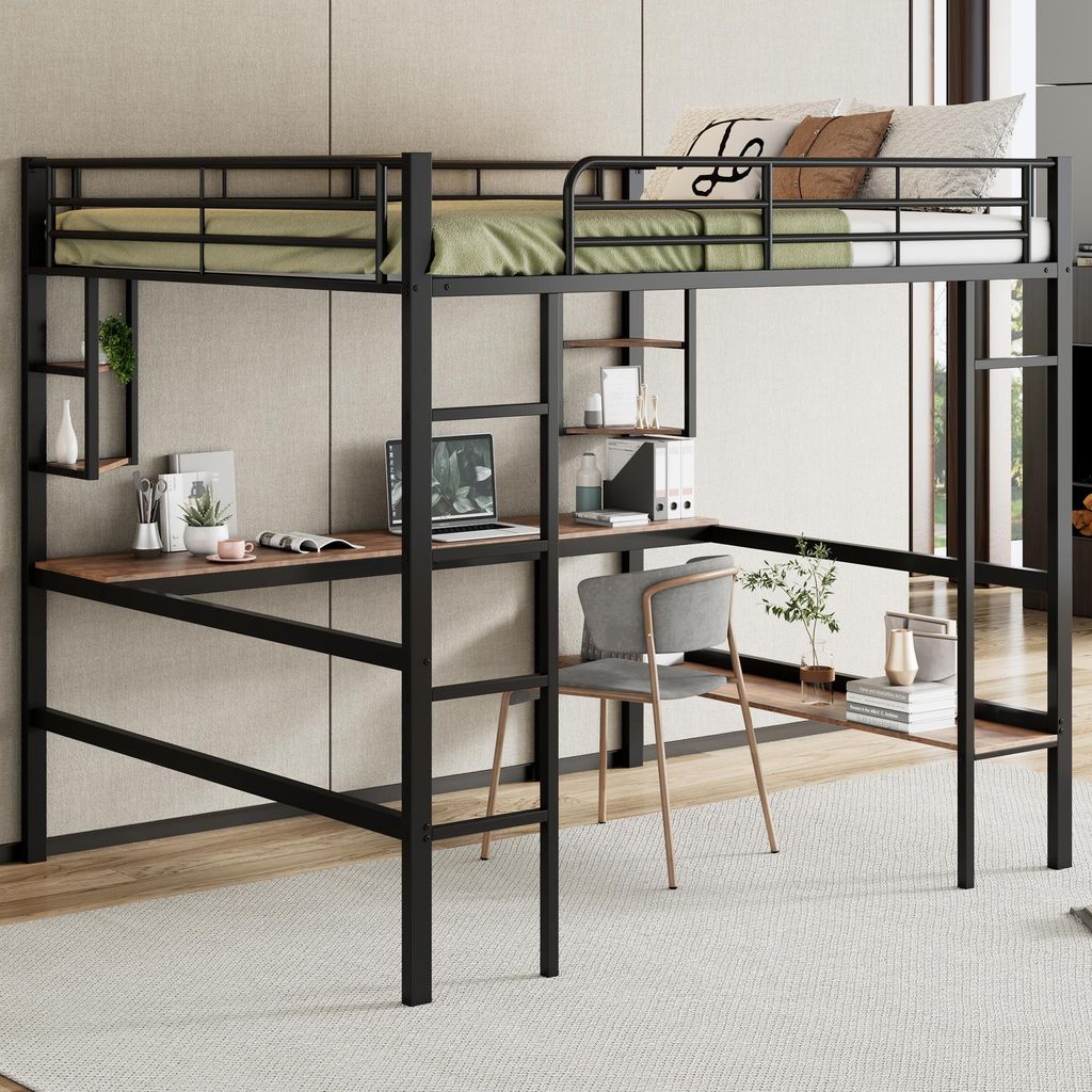 Schwarzes Metall-Hochbett 140 x 200 cm: mit Schreibtisch, 4 kleinen Regalen + großem Bücherregal, für Kinder/Jugendliche/Erwachsene, Matratze ni...