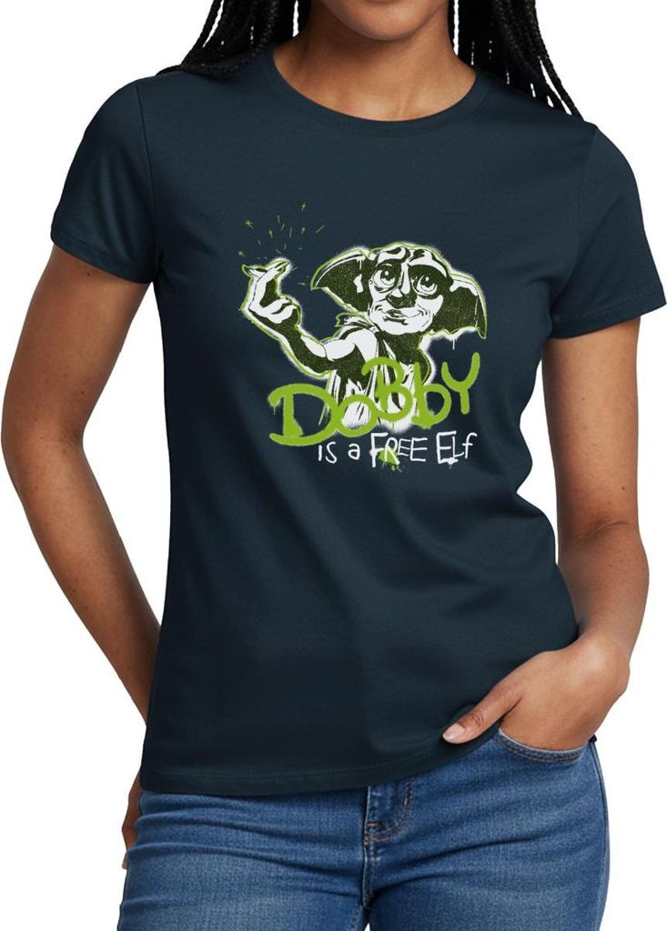 Spreadshirt Harry Potter Spruch Dobby Ist Ein Freier Elf Frauen T-Shirt, L, Navy