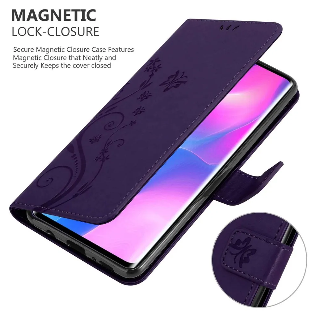 Cadorabo cover per Xiaomi Mi NOTE 10 LITE in FLORAL DARK LILA cover protettiva in design floreale con chiusura magnetica, funzione stand e slot per carte di credito flip case flower cover custodia per cellulare flap cover book case - 4