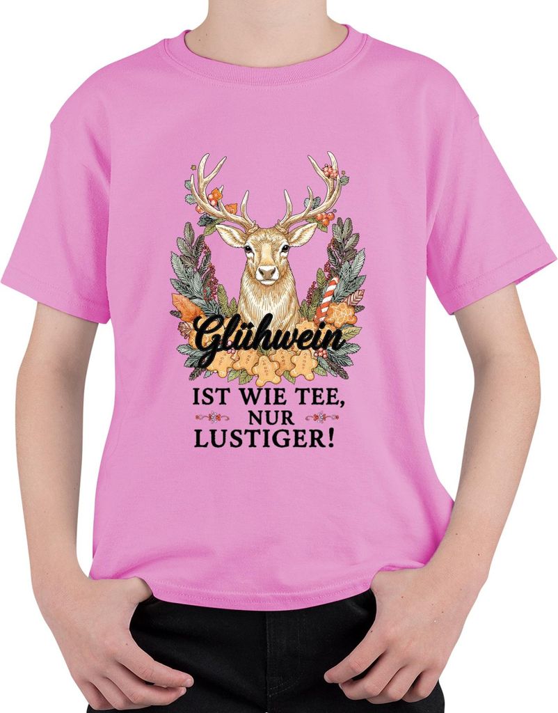 Glühwein ist wie Tee nur viel lustiger Weihnachten Retro Hirsch Uni Kinder T-Shirt, Pink, 116