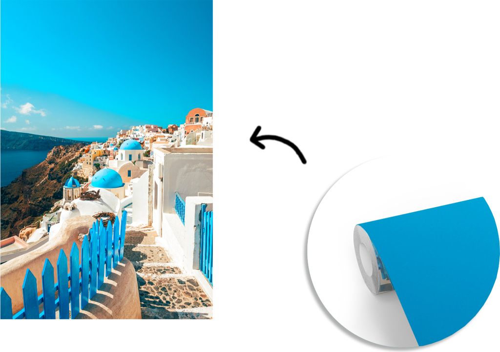 MuchoWow Fototapete für Wohnzimmer oder Schlafzimmer Wandtapete Vinyl Motivtapete Blauer Bürgersteig in Santorini Griechenland - 190x280 cm - K...