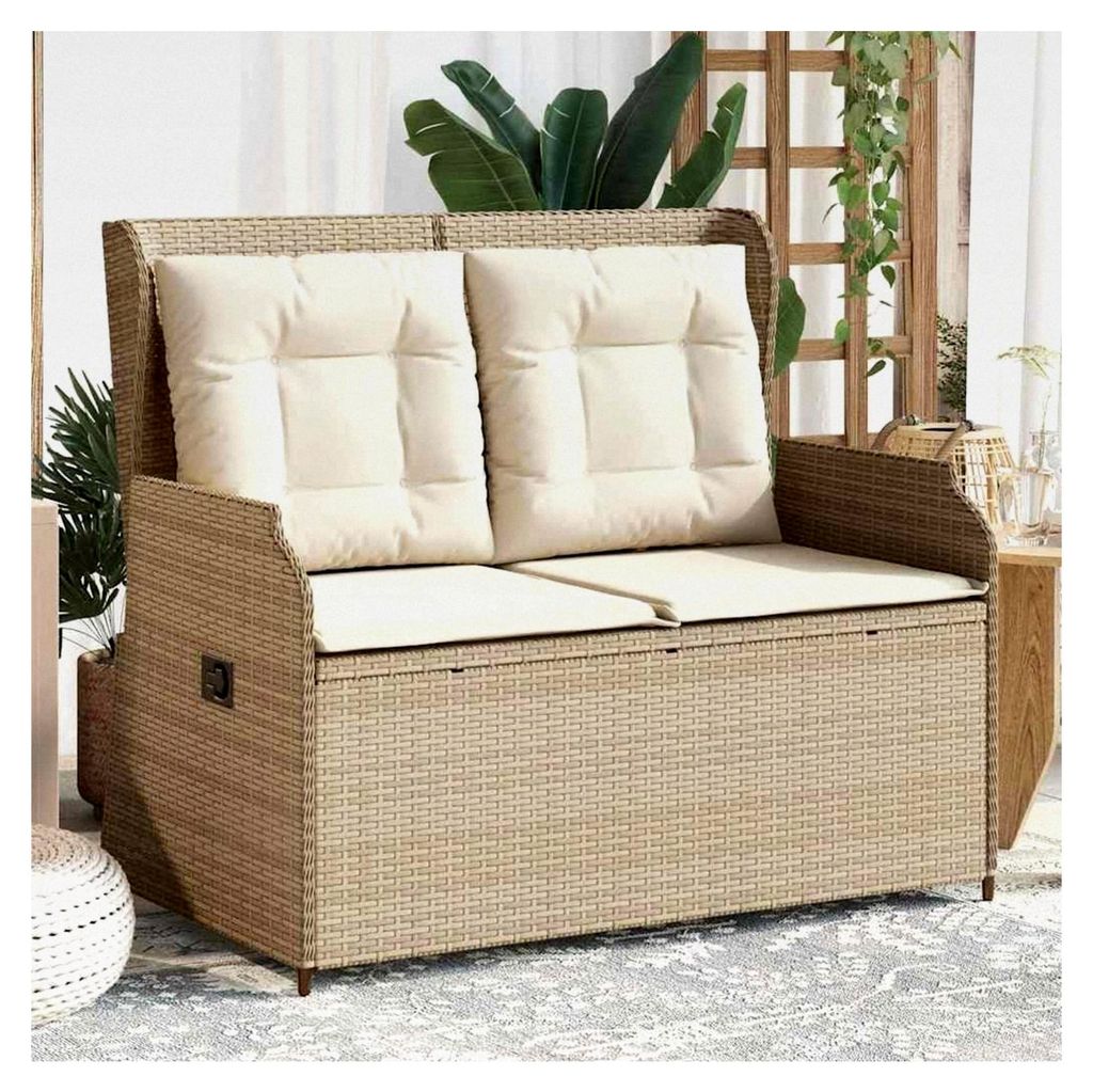 Gartenbank mit Kissen und verstellbarer Rückenlehne, Stahlrahmen für Garten und Terrasse, Beige Poly Rattan