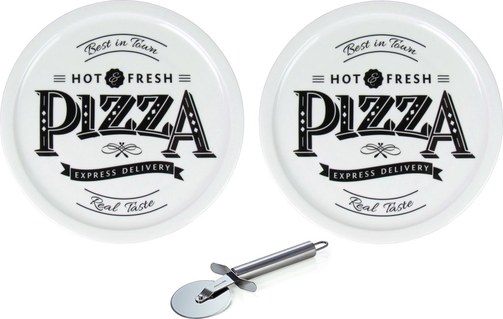 2 Stück Cosy & Trendy Pizzateller Ø 31cm aus Porzellan mit Retro Pizza Schriftzug inkl. Pizzaschneider