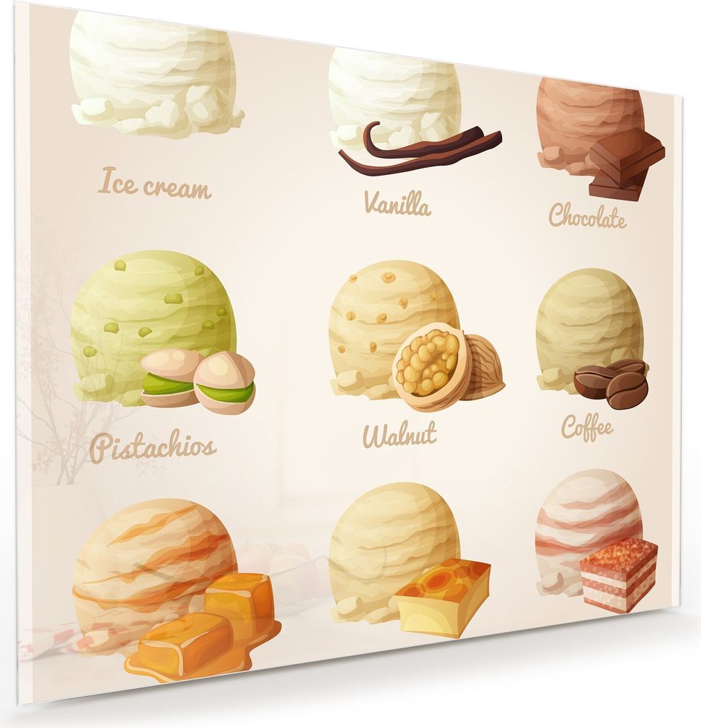 Glasbild Wandbild Anzeige Sorten Eiskugeln 100x80cm in XXL für Wohnzimmer, Schlafzimmer, Badezimmer, Flur