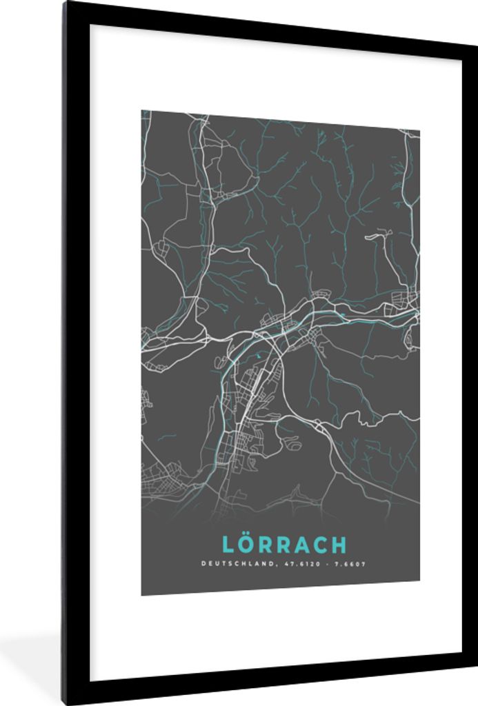 MuchoWow Gerahmtes Poster Deutschland - Blau - Lörrach - Stadtplan - Karte 60x90 cm - Poster mit Schwarzem Bilderrahmen Wandposter Rahmen Foto B...