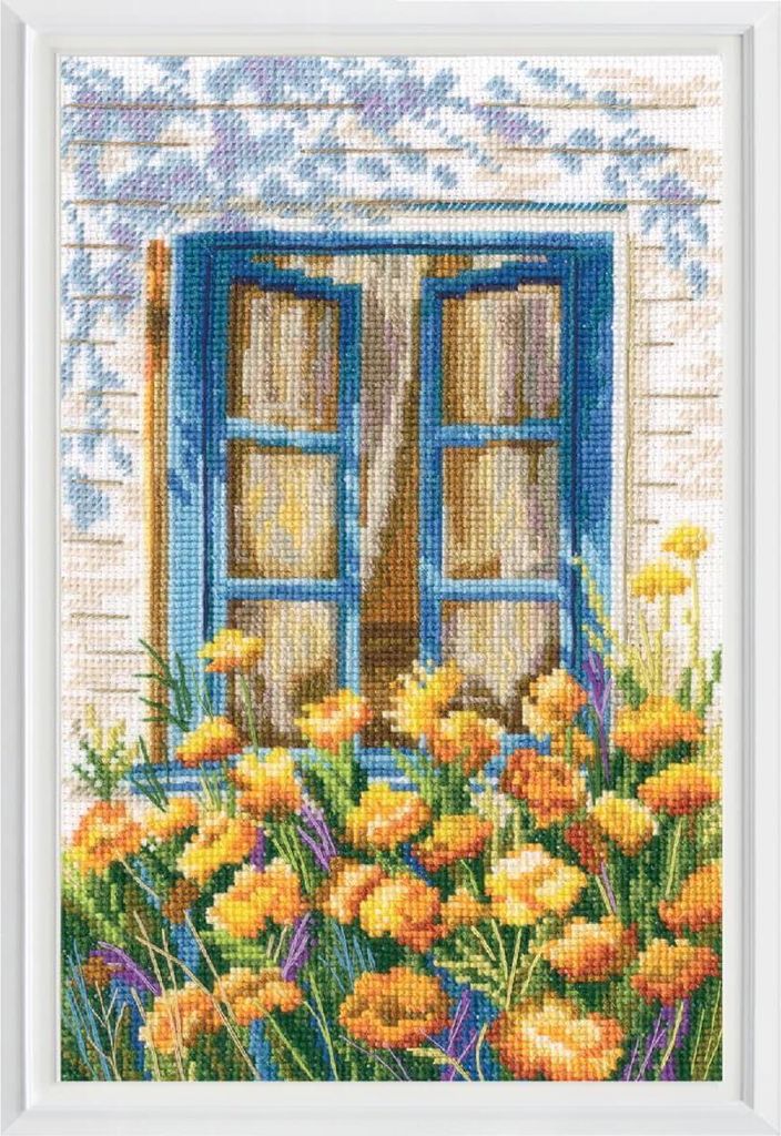 RTO-Kreuzstich-Set „Ein Moment, ein Fenster und Blumen“, 14,5 x 22 cm