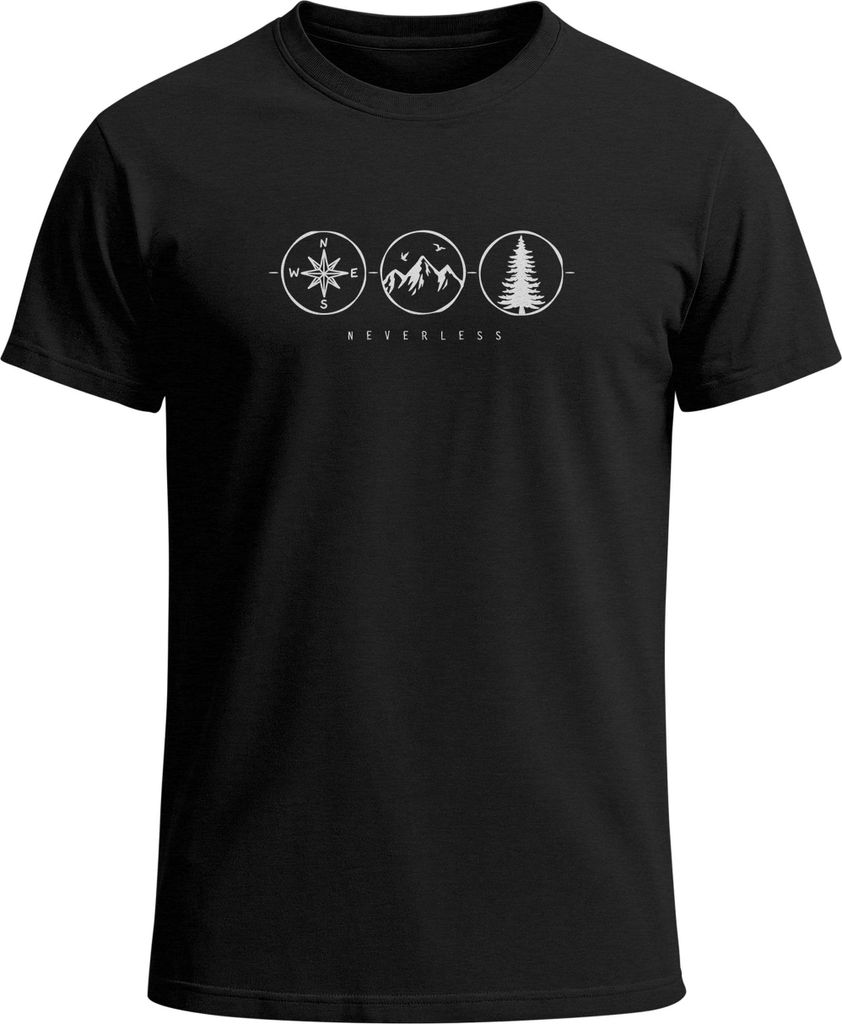Herren T-Shirt Outdoor Symbole - Kompass Berge Wald - Statement Grafikshirt Natur Symbolik Printshirt Männer Fashion Streetstyle Neverless