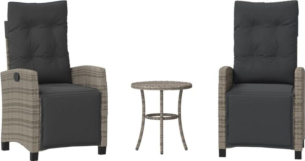 3-tlg. Bistro-Set mit Kissen Grau Poly Rattan