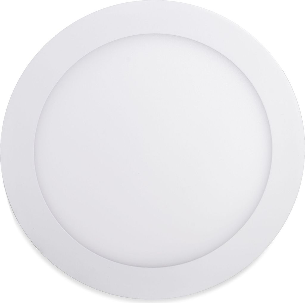 A white circular LED panel light is shown against a white background.