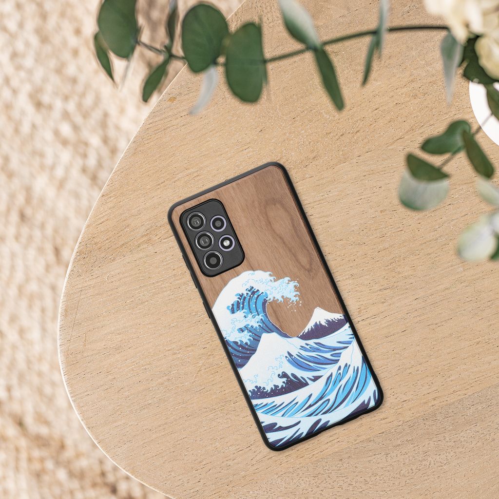 kwmobile Hülle kompatibel mit Samsung Galaxy A52 / A52 5G / A52s 5G Hülle - Holz Case - Handy Cover - TPU Handyhülle in Blau Weiß Braun Holz