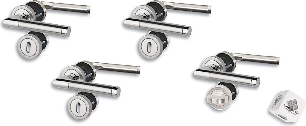 Four door handle sets are arranged on a white background, with a small dice in the lower right corner.