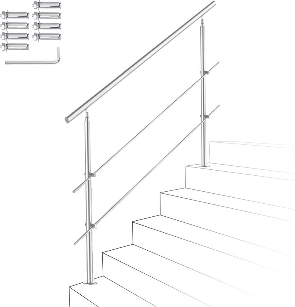 Jopassy Edelstahl-Handlauf Geländer für Treppen Brüstung Balkon mit/ohne Querstreben (160cm, 2 Querstreben)