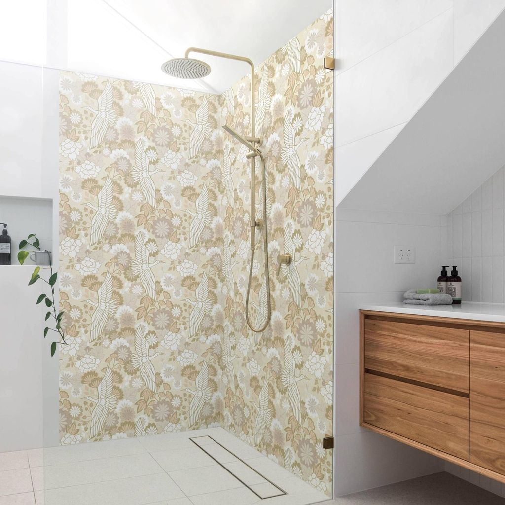 Duschrückwand Blumen selbstklebend - 0.61 mm Wandpaneel wasserfest Vogel beige Illustration Badrückwand fugenlos Premium matt 90x190 cm