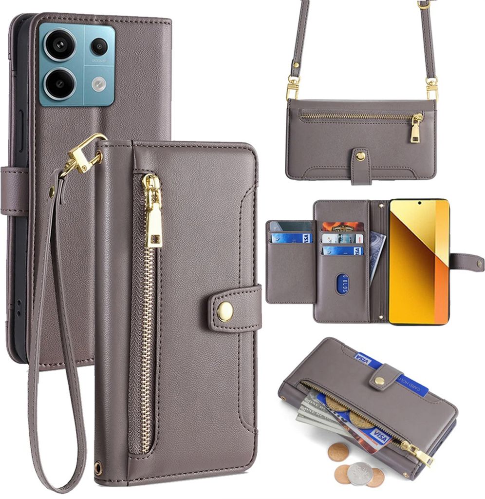 Handykette Xiaomi Hülle mit Band Handyhülle Kartenfächer Kunstleder Umhängetasche Redmi Note 13 4G Grau