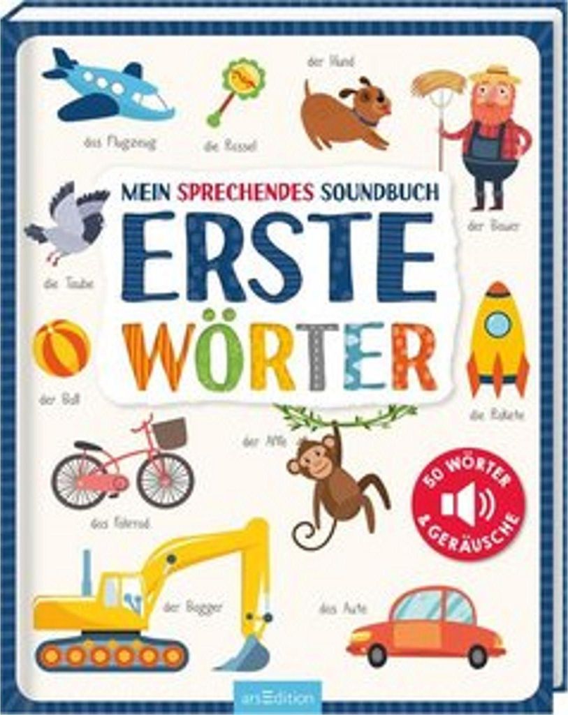The image is the cover of a children's sound book titled "Mein sprechendes Soundbuch - Erste Wörter". It features various illustrations of objects and animals with their German names labeled.