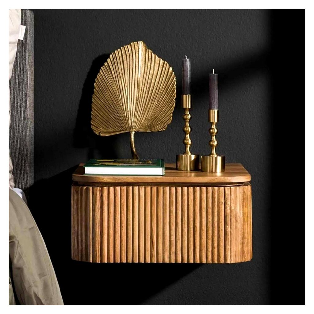 Nachttisch aus Massivholz mit Ablage und Schublade, Mangoholz, schwebender Stauraum, Vintage-Stil, Industrie-Design, Holz-Metall, Echtholz