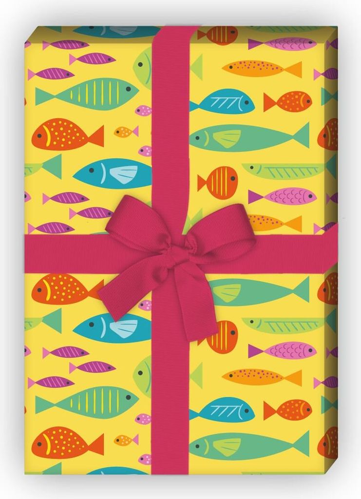 Lustiges Sommer Geschenkpapier mit Fischen auf gelb - G7508, 32 x 48cm