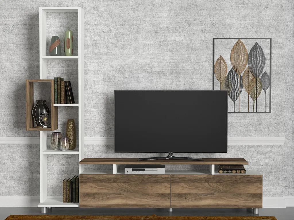 Grand Meuble TV Tulip pour Salon Moderne, Rangement Blanc et Noyer