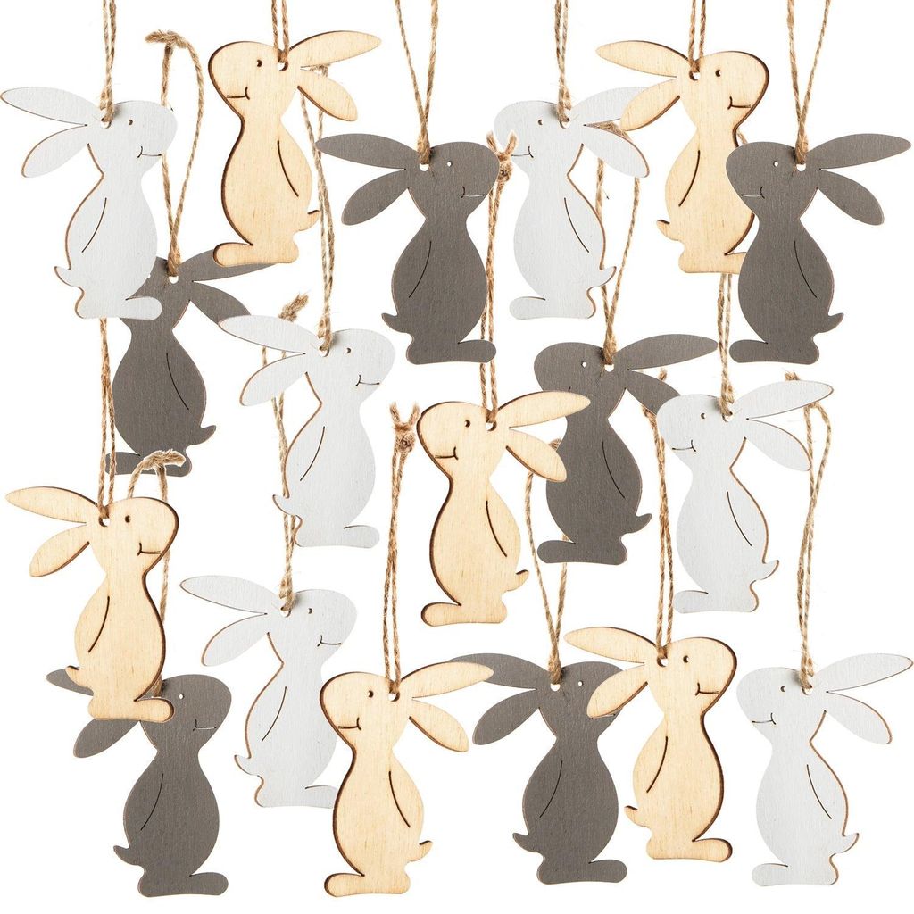 18 kleine Osterhasen aus Holz 6,5 cm grau braun beige - Osterdeko zum Aufhängen