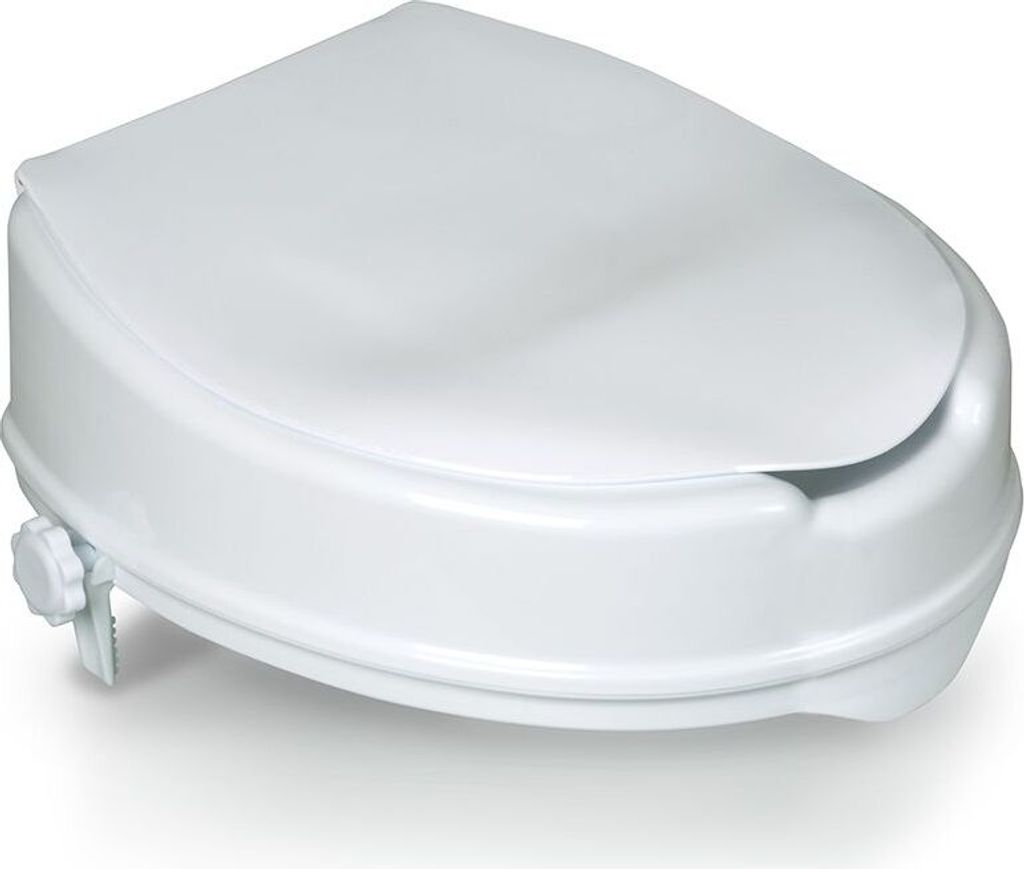 A white toilet seat riser with a lid, shown from a slightly elevated front-left angle against a white background.