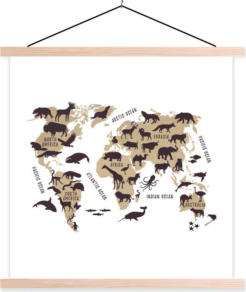 MuchoWow Textilposter Weltkarte Kinder - Braun - Weiß 40x40 cm mit holzfarbenen Rahmen - Posterleiste