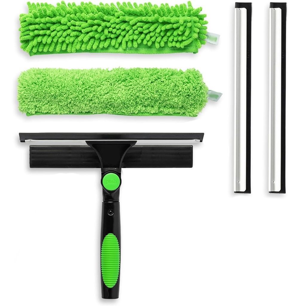 2 in 1 Fensterwischer und Fensterabzieher Profi Kombi-Set, 25 cm mit 10 Stangen, 2 Reinigungstücher für Bad, Dusche, Auto, Glas