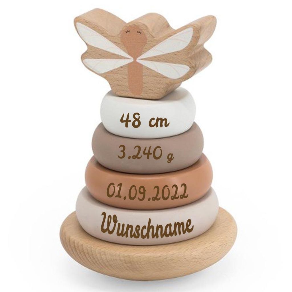 Holz Stapelturm beige personalisiert mit Name und Geburtsdaten Baby Geschenk mit Gravur Geschenk zur Geburt oder Taufe