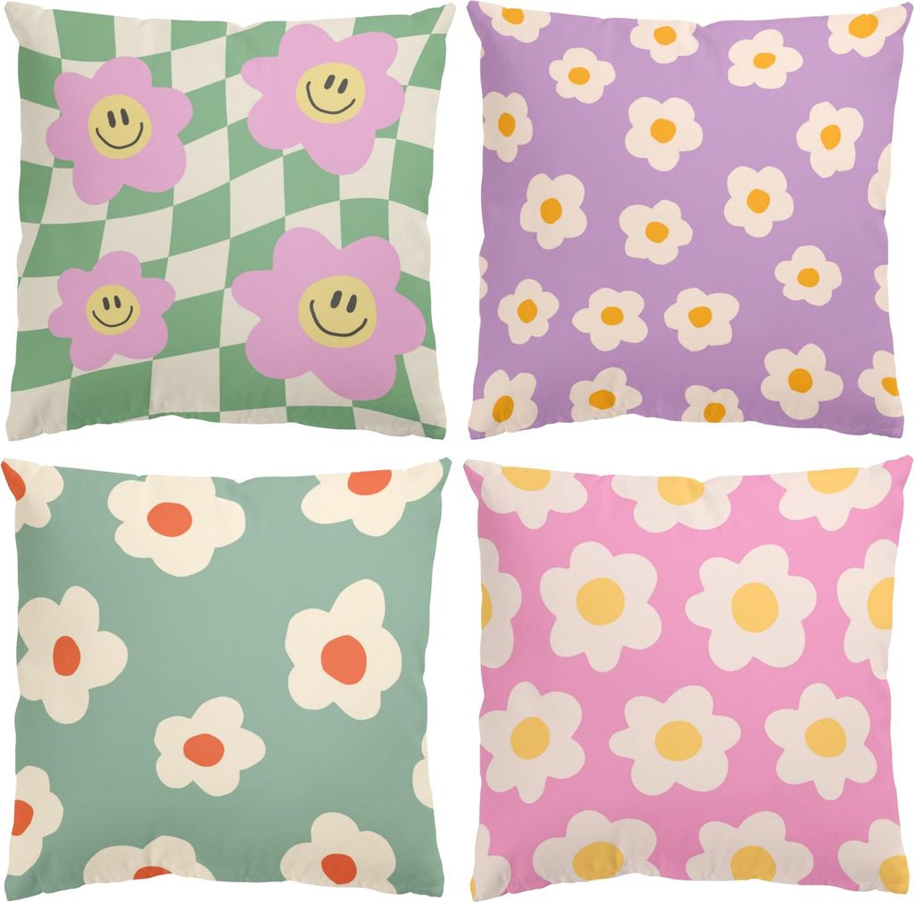 Dekokissen 4-teilig Muster drinnen / Indoor Zierkissen Samt waschbar Blumenmuster bunt Pop Art Sofakissen ohne Füllung