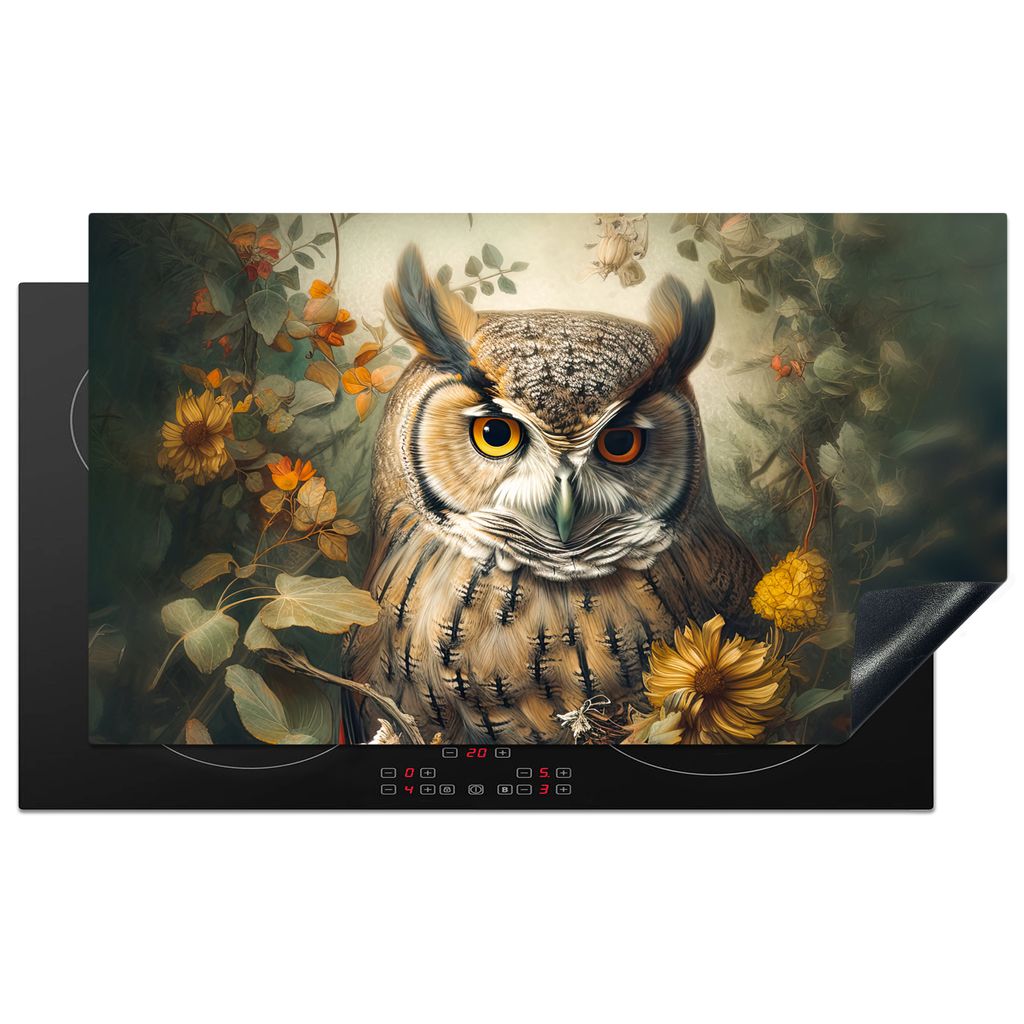 KitchenYeah Herdabdeckplatte Eule - Vögel - Blumen - Natur , 90x52cm, Küche Deko, Glaskeramikkochfeld Herdabdeckung, Abdeckplatte fùr Kochfeld