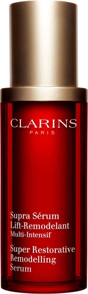 A product shot of a Clarins serum bottle.