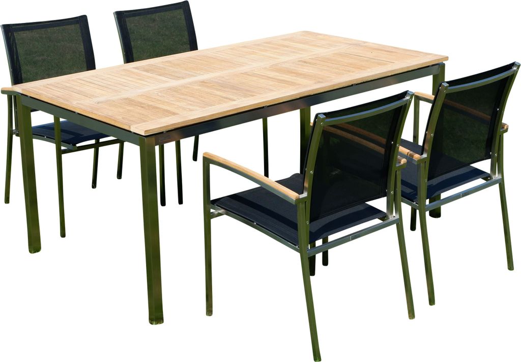 ALEOS. Gartengarnitur Edelstahl Batyline A-Grade Teak 5-teilig Tisch 160×90 cm + 4 Sessel Serie Kuba – Outdoor Essgruppe, Gartenmöbel Set wette...