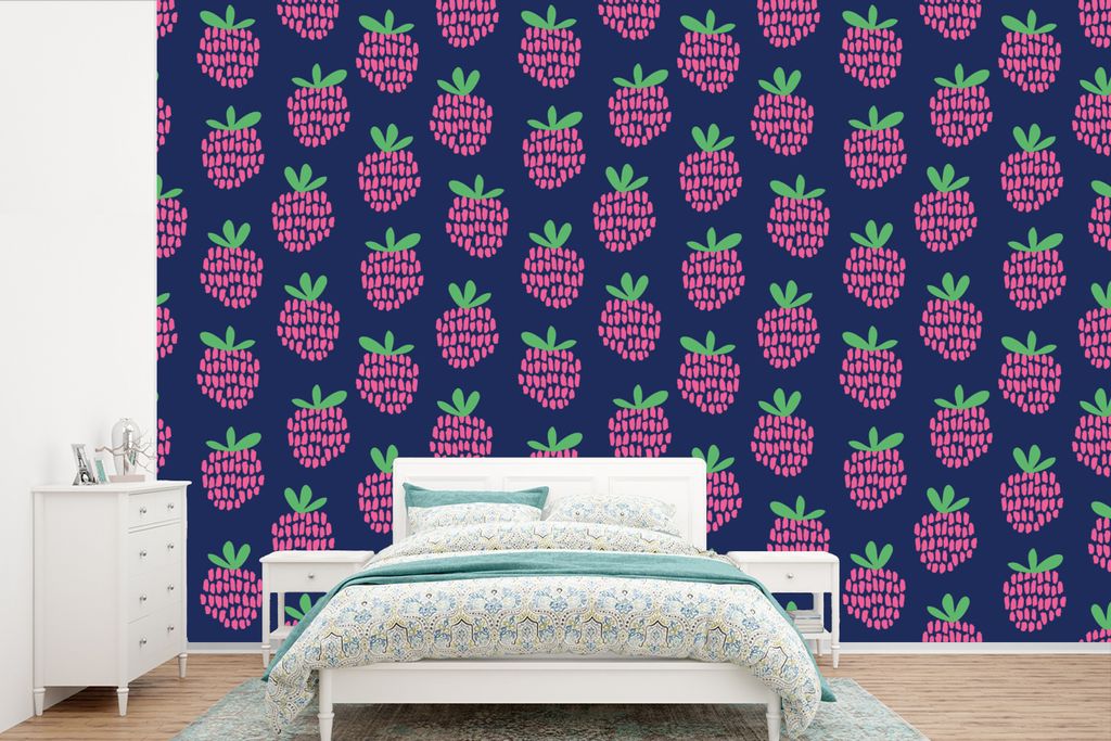 MuchoWow Fototapete für Wohnzimmer oder Schlafzimmer Wandtapete Vinyl Motivtapete Muster - Himbeere - Retro - 600x400 cm - Vinyltapeten