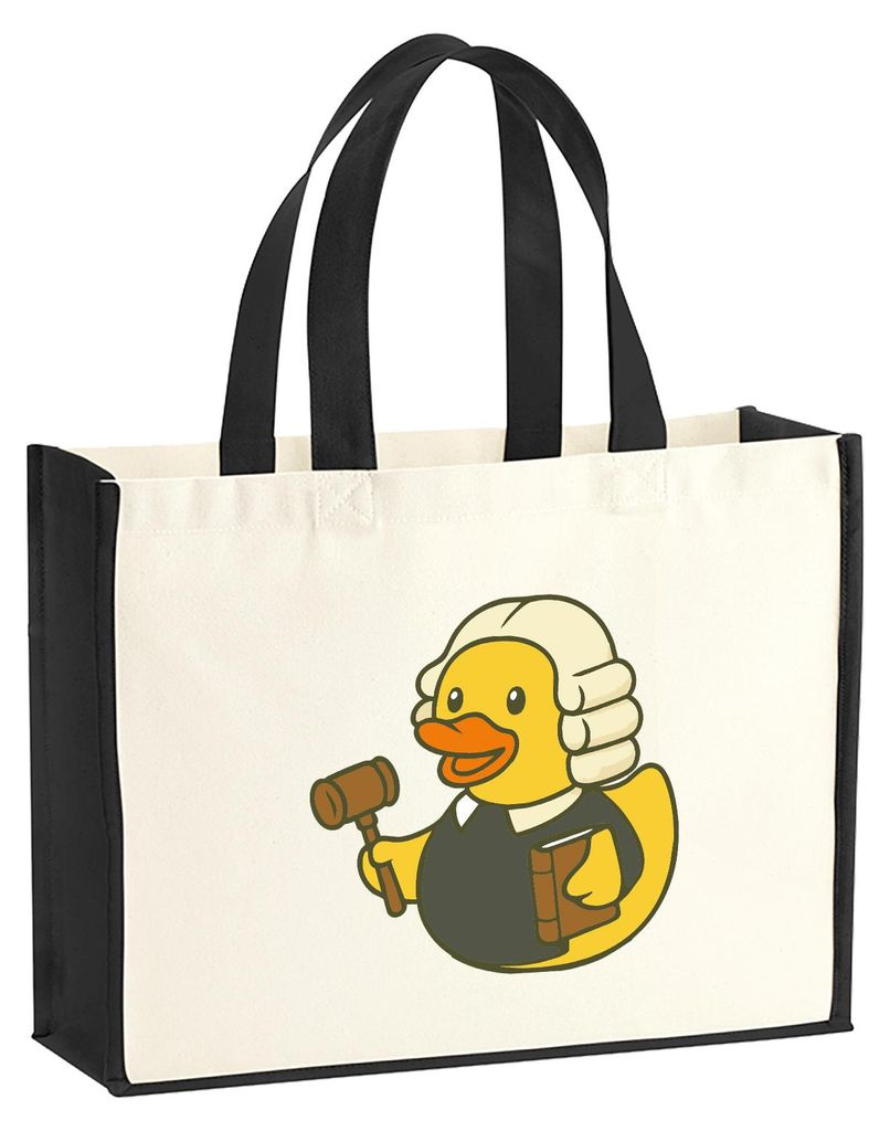 Huuraa Jutetasche Quietscheente Jurist Comic Gummiente 21 Liter Black Jute und Baumwolle Einkaufstasche Geschenkidee