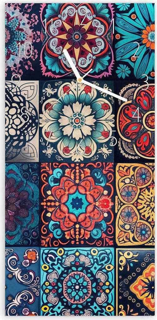 Wanduhr aus Glas mit Motiv Mandala Mosaik Teppich- 30 x 60 cm - inkl. Aufhängesystem