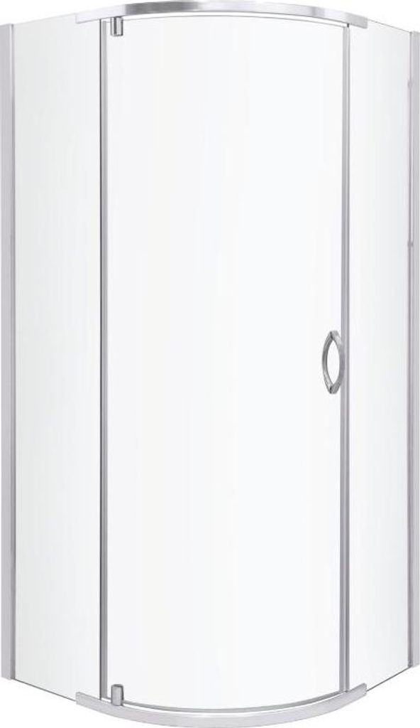 A shower cabin with a curved glass door and silver metal frame.