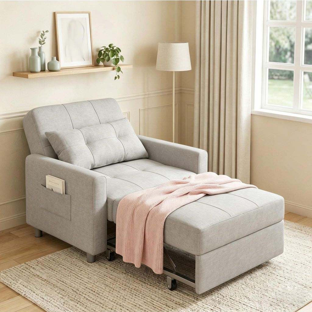 Bealife 3-in-1 Schlafsessel AR22 mit Liegefunktion - Ausziehbarer Relaxsessel mit Armlehnen & Seitentasche - Maße 191x68x44cm (LxBxH) -Hellgrau