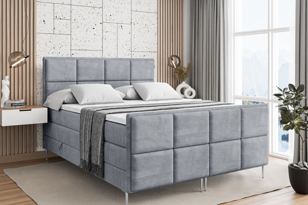 ALTDECOR Boxspringbett mit Silber Füßen, Matratze und Lattenrost, Topper, Fußteil, Polsterbett mit Bettkasten, Bett mit Stauraum H3- und H4- Mat...