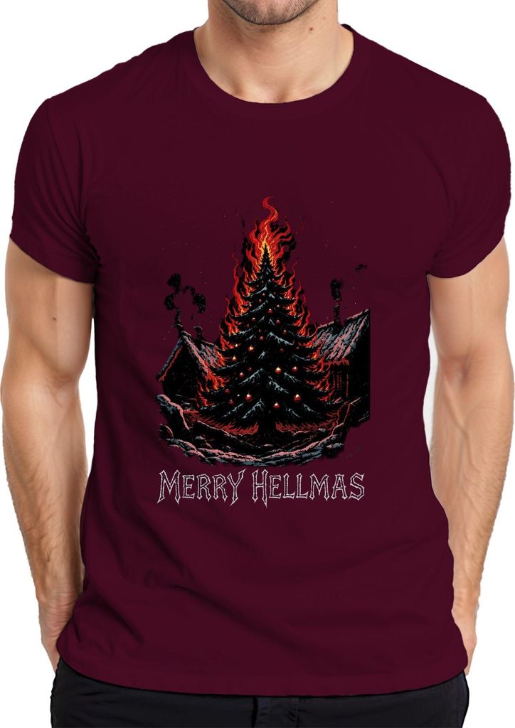 Merry Hellmas brennender Weihnachtsbaum Feuer düster Gothic Herren T-Shirt, Burgundy, 3XL