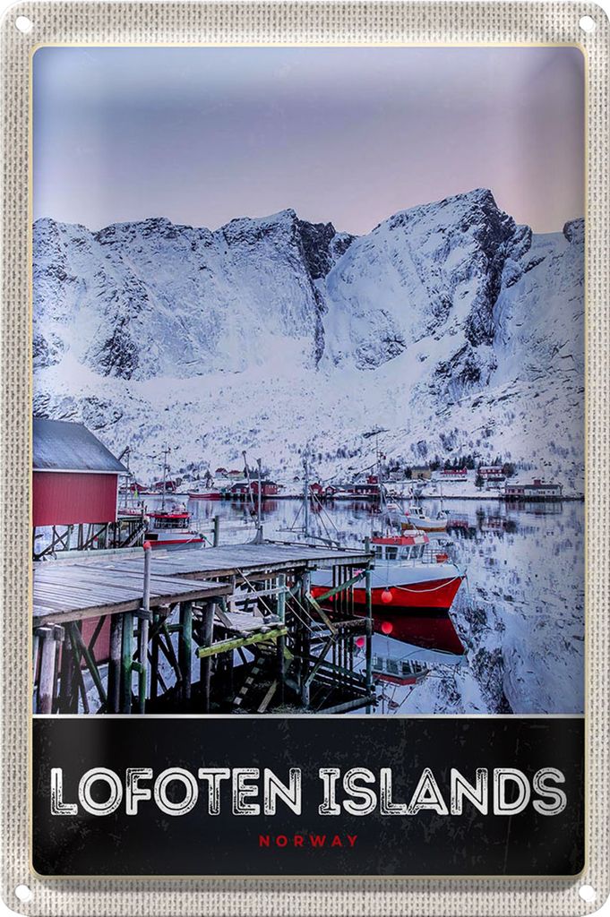 Blechschild Reise 18x12cm Lofoten Island Norwegen Winter Schnee
