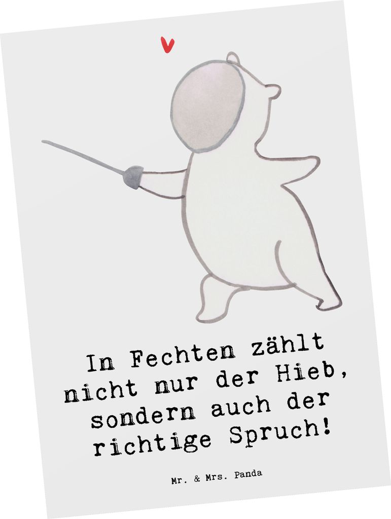 Mr. & Mrs. Panda Postkarte Fechten Spruch - Weiß - Geschenk, Grußkarte, Sprüche, Duell, Sport, Sportler Geschenke, Humor, bildkarte, Ansichtskar...