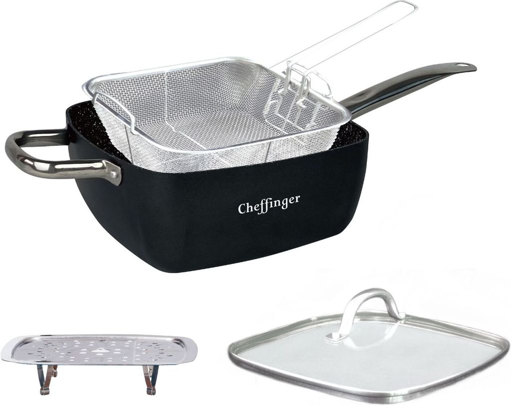 Multi Pfanne Induktion 4-teilig Antihaft 24 x 24 x 9,5 cm Antikratz Deckel Fritteuse Eckpfanne Bratpfanne schwarz