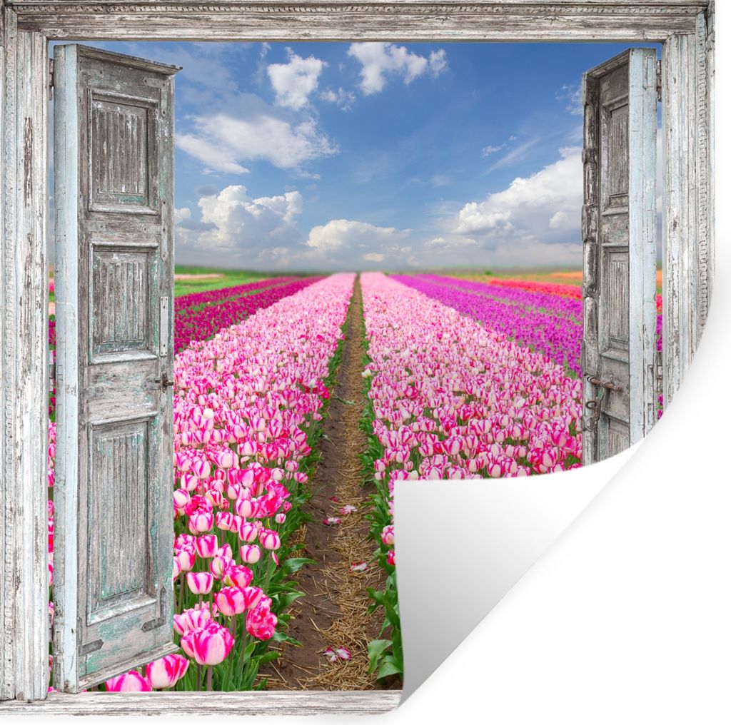 MuchoWow Wandtattoo Wandsticker Wandaufkleber Blumen - Tulpen - Ansicht - Regenbogen 100x100 cm Selbstklebend und Repositionierbar - Wierderverwe...