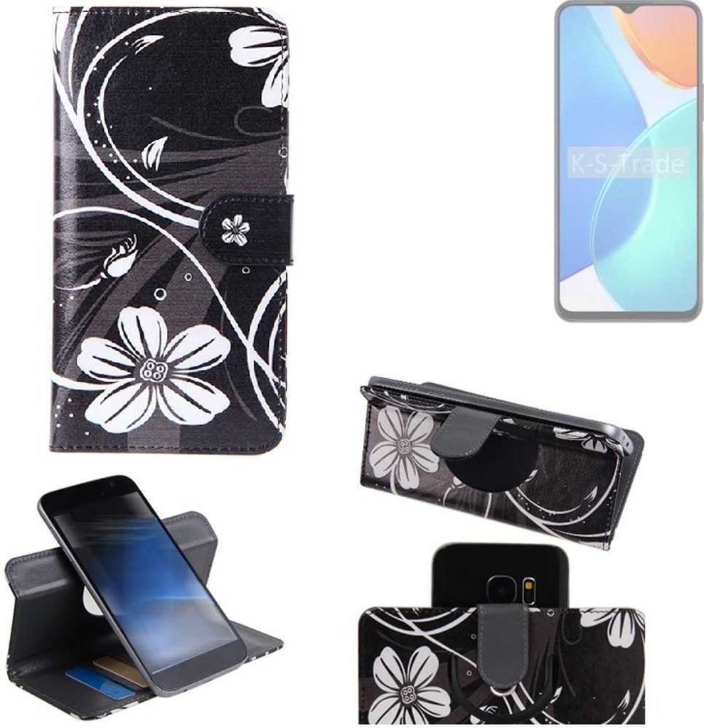 K-S-Trade Schutzhülle Handyhülle kompatibel mit Honor X6 Hülle 360° Wallet Case “Flowers“ Klapphülle Hülle schwarz-weiß 1x