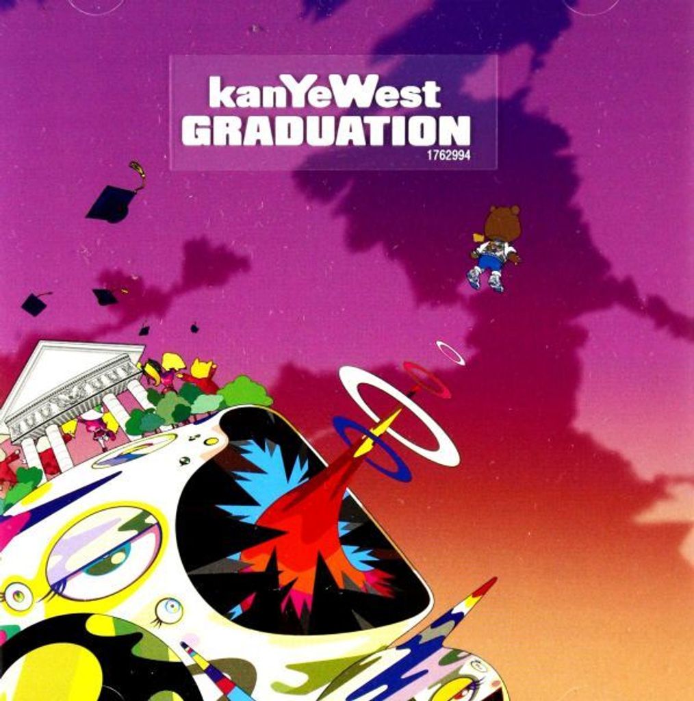 Album cover art for Kanye West's Graduation album, featuring a cartoonish, surreal landscape with a college building, graduation caps, and a flying bear character.
